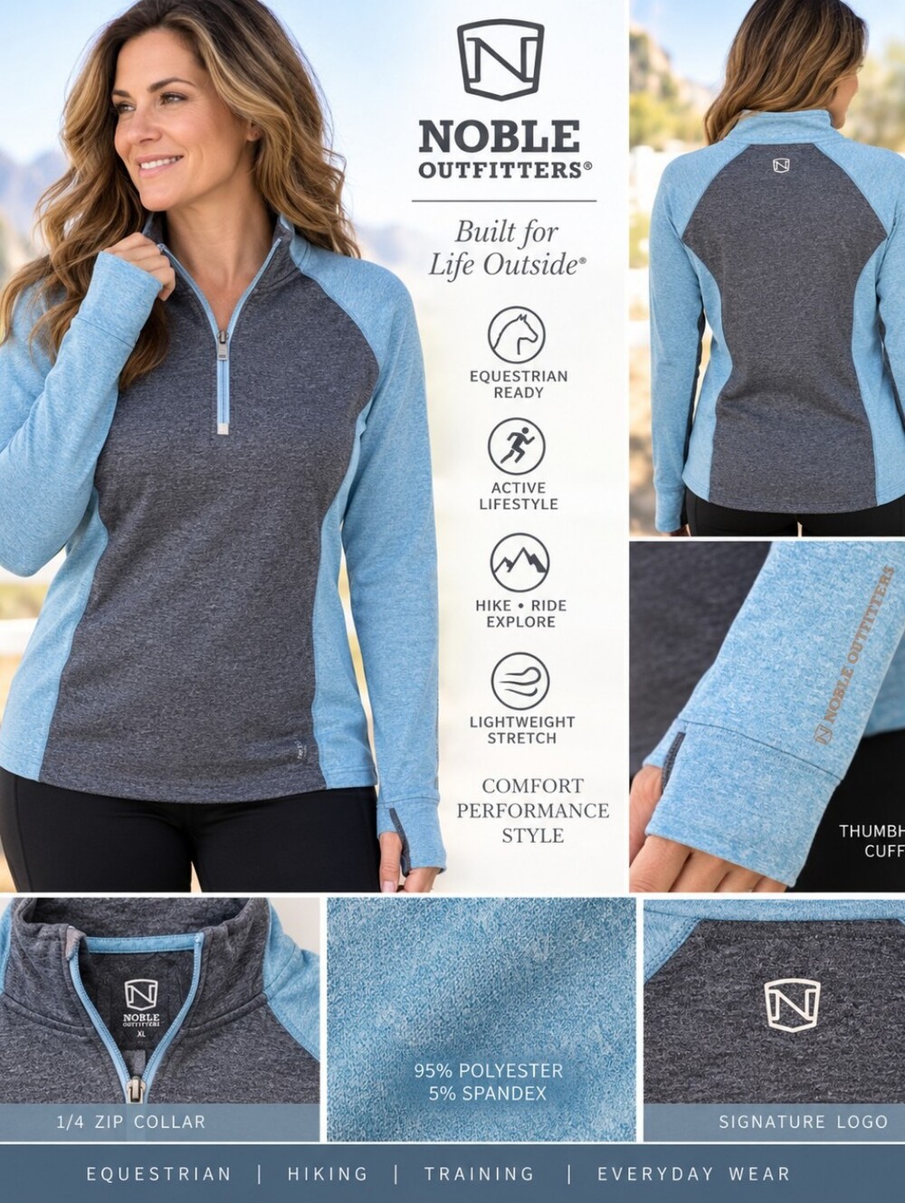 Noble Outfitters Women XL Blue Gray 1/4 Zip Pullover Thumbholes Equestrian